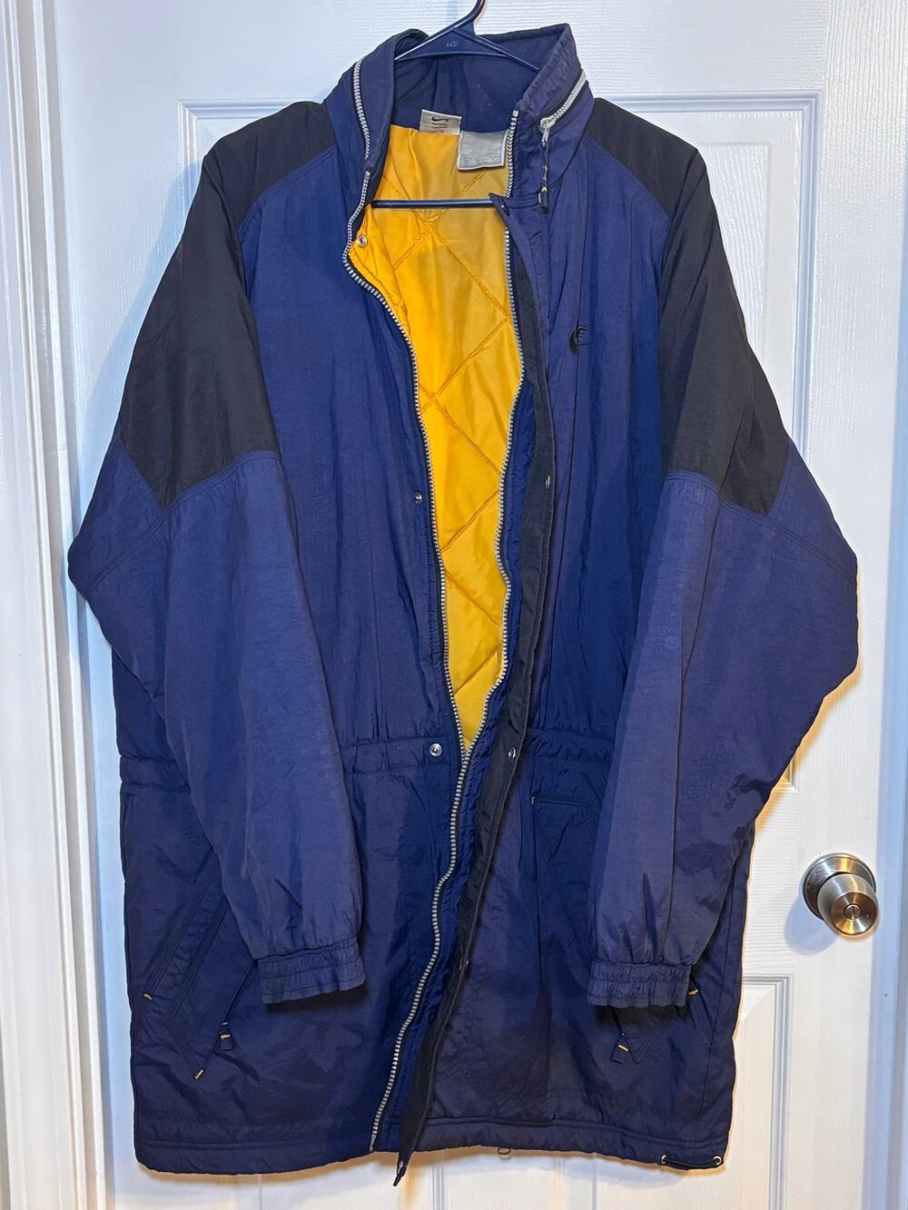 Vintage 90s Nike Long Puffer Parka Jacket Blue Black Yellow Big Swoosh Spellout